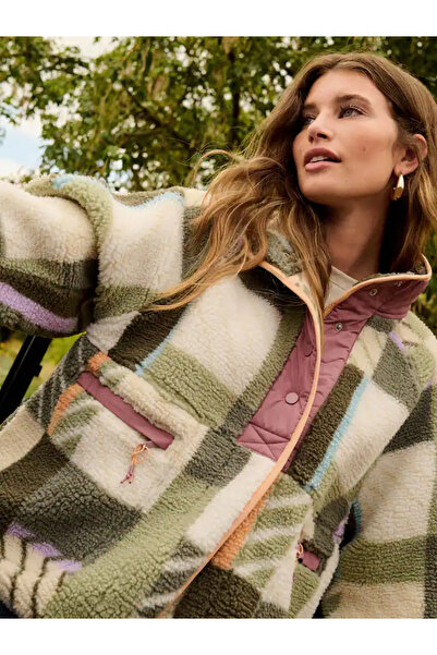 Next Baby Yeşil/Ekru/Turuncu Soyut Baskı - Dokuma Karışımı Teddy Borg Polar Popper Ön Ceket