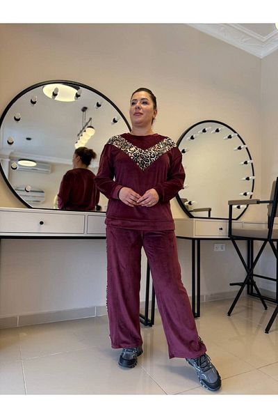 garajmood Set de trening din catifea cu detaliu leopard burgundy