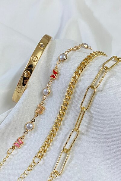 KOBA Altın Kaplama 4'lü Çok Renkli Kelebek Figürlü Şık Ve Zarifi Kadın Bilekl...