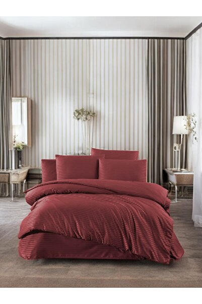 COTTONQUEEN طقم غطاء لحاف من الساتان باللون الأحمر الداكن مكون من 4 قطع من ريفا