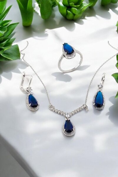 Moda Gümüş 925 Ayar Gümüş Safir Taşlı Damla Model Kadın Set – Kolye, Küpe ve ...