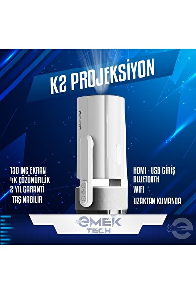 EMEKTEC K2 Beyaz Taşınabilir Sinema Projektörü 4K Şarjlı Ev Sineması Bluetooth Android Akıllı Projek
