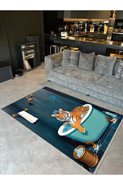 Rugs Modern Halı Semih Koleksiyonu Mavi Tema Küvette Banyo Yapan Kaplan Desen...