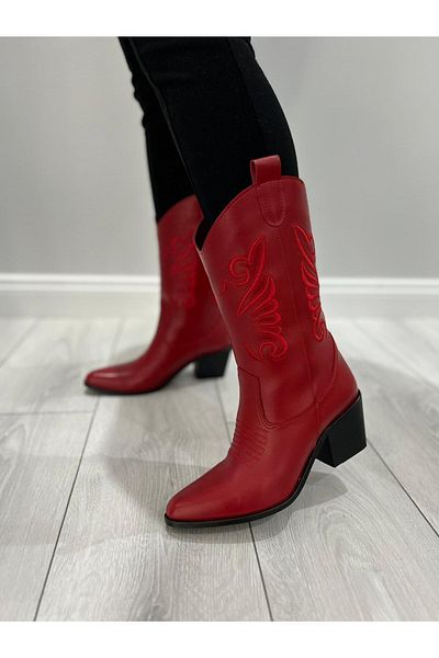 POTEEN Ptc Mena Γυναικείες μπότες με κέντημα Western Cowboy με τακούνι-κόκκινο
