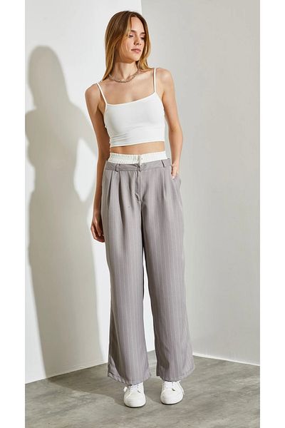 Allyz Gray Waist Detailed Striped Fabric Trousers