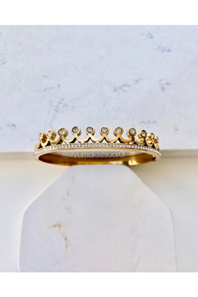 Lilyum Aksesuar Zirkon Taşlı Taç Model Gold Sarı Altın Renk Çelik Kelepçe Bil...