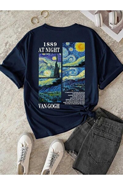 İpli Tricou oversize cu imprimeu Vangoh Culoare bleumarin