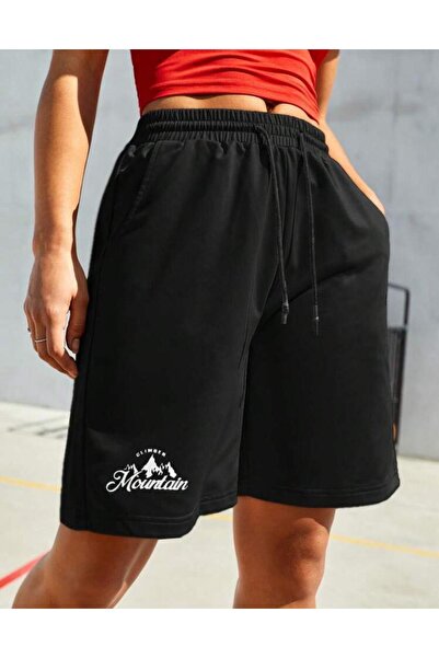 caddekombin Μαύρο σορτς Unisex Mountain με στάμπα με τσέπες και κορδόνι με λεπτή εφαρμογή