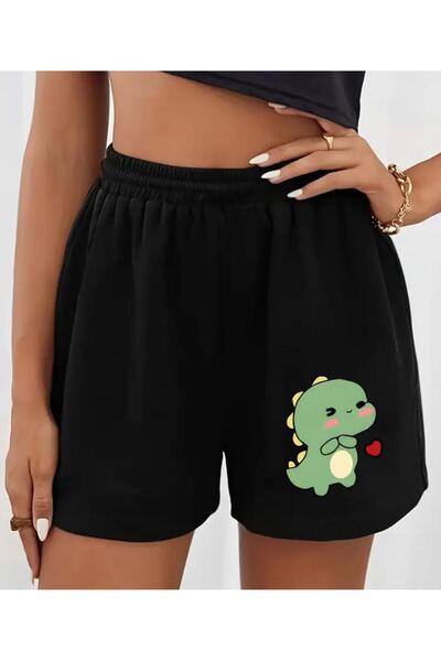 caddekombin شورت نسائي أسود مطبوع عليه ديناصور لطيف مع جيب برمودا وحبل مريح