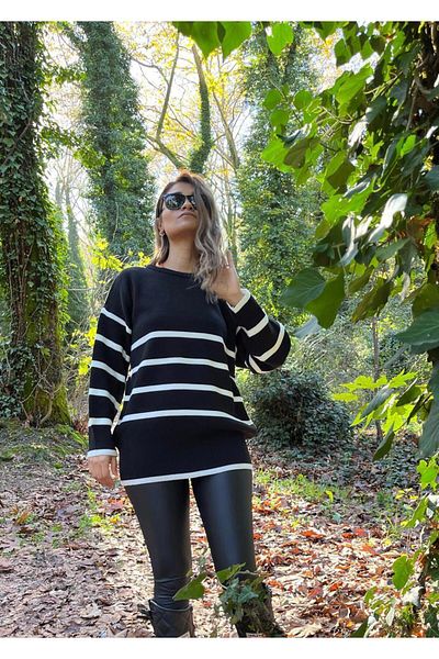 GÖKKUŞAĞITEX Pulover de damă cu dungi negre cu gât rotund cu textura moale