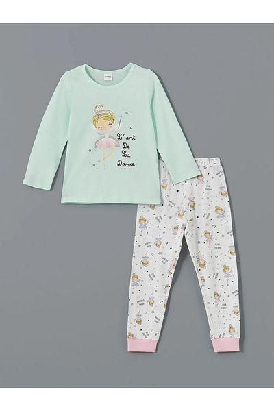 LC Waikiki Lcw Kids Girls Turquoise Crew Neck Printed Pajamas Set - t t