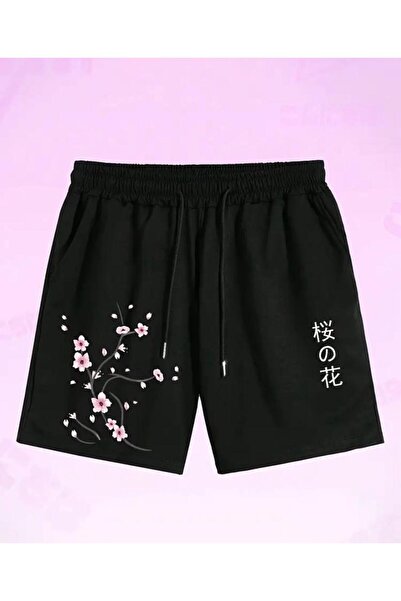 caddekombin Pantaloni scurți negri pentru femei, cu imprimeu Spring Branch, cu buzunare, cu detaliu cu șnur, model confortabil