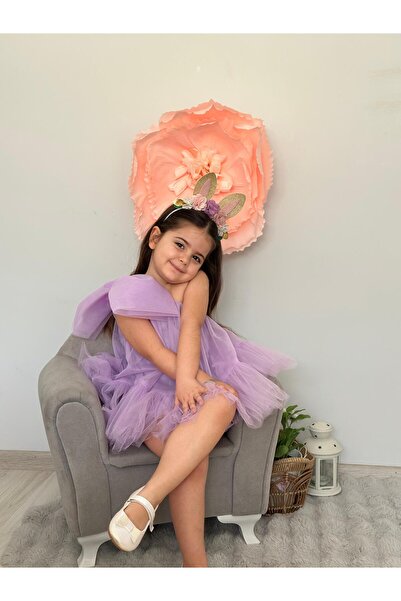 Kokosh kidss Kız çocuk tek omuzlu fiyonklu  tüllü doğum günü elbisesi özel gün elbisesi