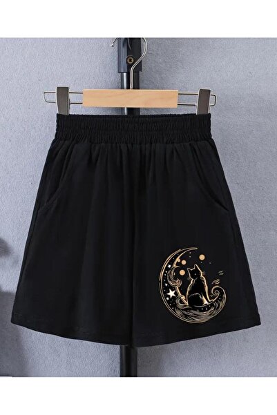 caddekombin Kadın Aydaki Kedi Baskılı Bermuda Cepli Kordonlu Comfort Fit Kalıp Siyah Şort