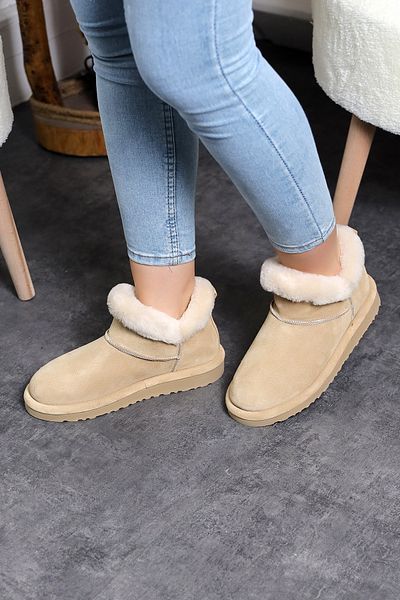 Land of Cork Mini Beige Suede Leather Ankle Boots with Real Fur Inside Flat Sole Women's Boots