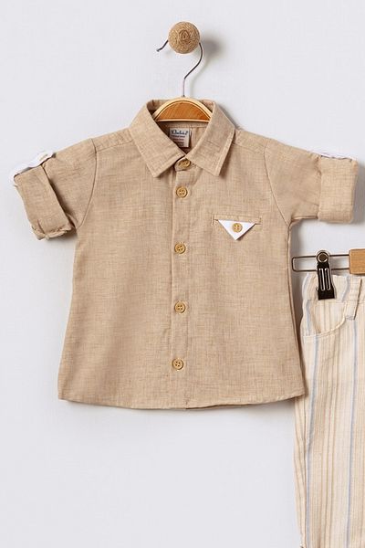 Bebüş Buttoned Beige Shirt and Striped Cream Pants Bottom Top Suit Baby Boy Suit 15866