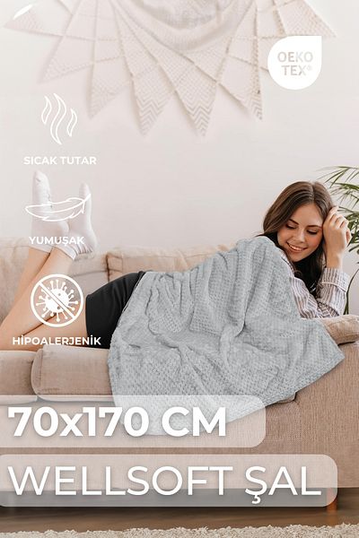 LADYNİL Wellsoft Grey Shawl - Ζεστό, απαλό και με πιστοποίηση Oeko-tex, 70x170 cm Υποαλλεργική άνεση