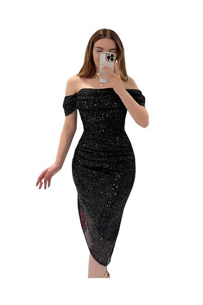 vuvutasarım Rochie neagră cu paiete cu paiete cu guler cu detaliu în formă de A 583153 750