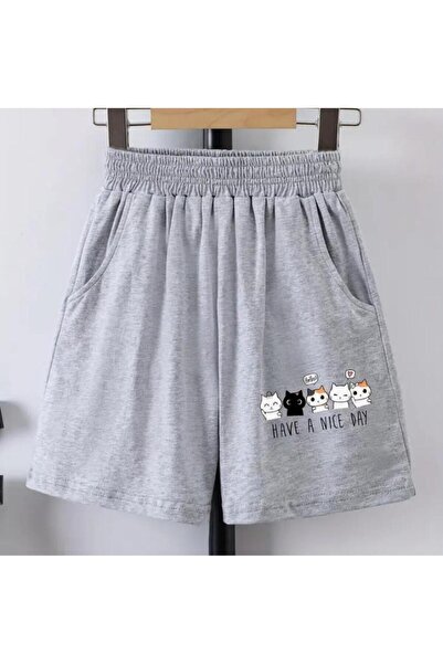 caddekombin Γυναικείο σορτς με στάμπα Five Cats, λεπτή εφαρμογή, γκρι σορτς μ...