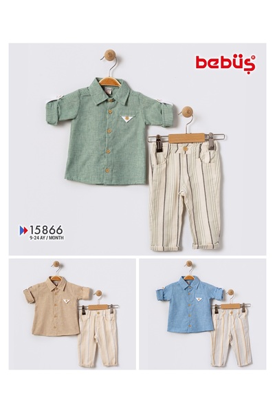 Bebüş Green Shirt and Striped Cream Pants Set for Baby Boy - Buttoned 15866
