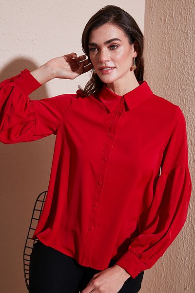 Lela Regular Fit Stitching Detail Solid Neck Balloon Sleeve Shirt Shirt 611Go00003