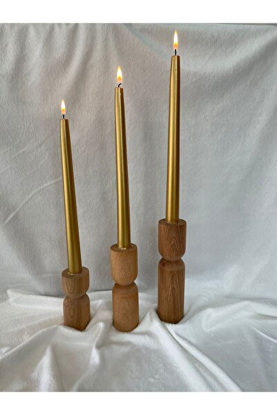 LİFENES Tımber Kayın Ahşap 3 Lü Şamdan Mumluk Seti