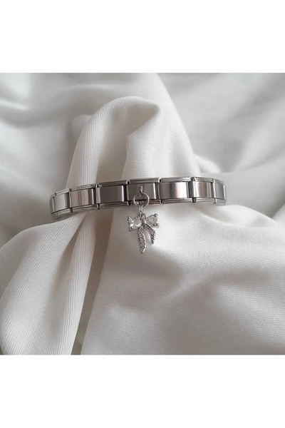 kubotique Çelik Taşlı Kurdele Fiyonk Italyan Charm Bileklik 19 Cm