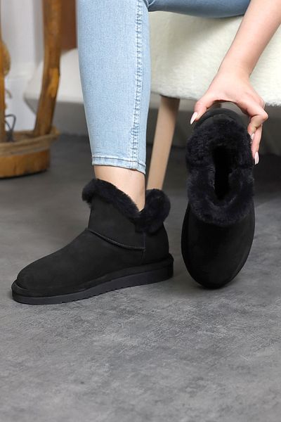 Land of Cork Mini Botine Negre din piele intoarsa cu blana adevarata in interior Cizme de dama cu talpa plata