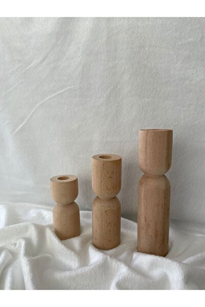 LİFENES Tımber Kayın Ahşap 3 Lü Şamdan Mumluk Seti