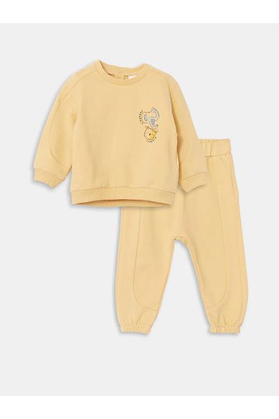 LC Waikiki Lcw Baby - Yellow Baby Boy Sweatshirt and Sweatpants 2-Piece, Crew Neck Printed