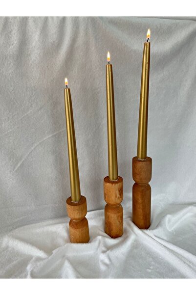 LİFENES Tımber Kayın Ahşap 3 Lü Şamdan Mumluk Seti