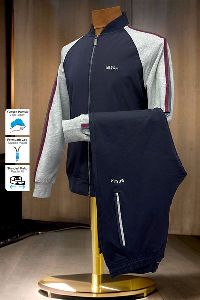 BESSA Ανδρικό σετ αθλητικής φόρμας Navy Blue με υφασμάτινη λεπτομέρεια αλεξίπτωτου και ίσιο πόδι με τσέπη με φερμουάρ