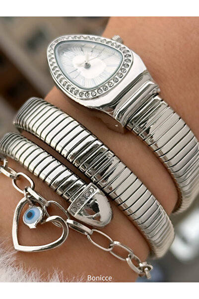 Bonicce Kutusunda Kalından İnceye Doğru Taşlı Gümüş Kordon, Beyaz Kadran, Yılan Saat+Kalpli Bileklik
