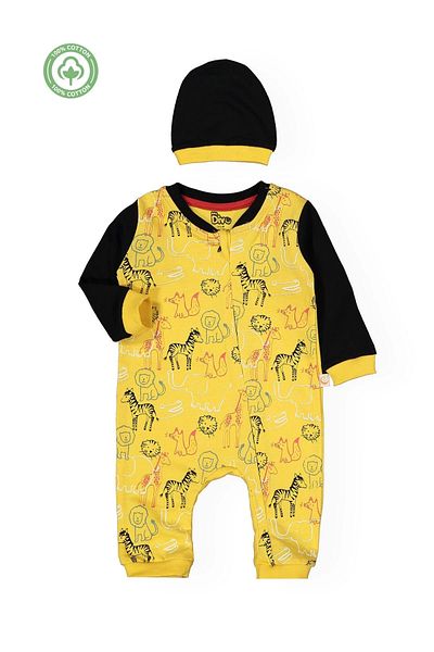 Divonette Baby Boy 100% Cotton Yellow Jumpsuit and Hat Set - Stylish & Comfortable