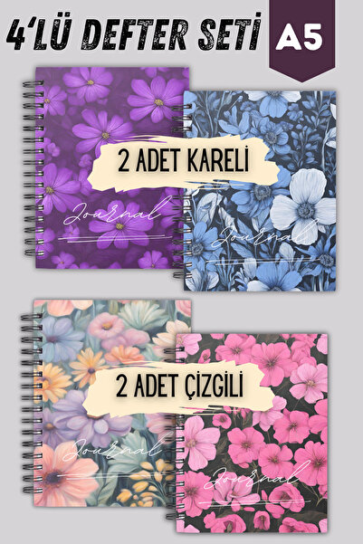 Craft Spiralli Çizgili Ve Kareli| Okul Defter Seti | 4 Adet | A5 | Sert Karton Kapak | 45 Yaprak
