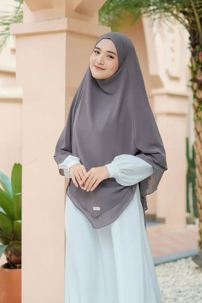 Hasna Tesettür Peçeli Uzun Şifon Sufle Premium Khimar Gri