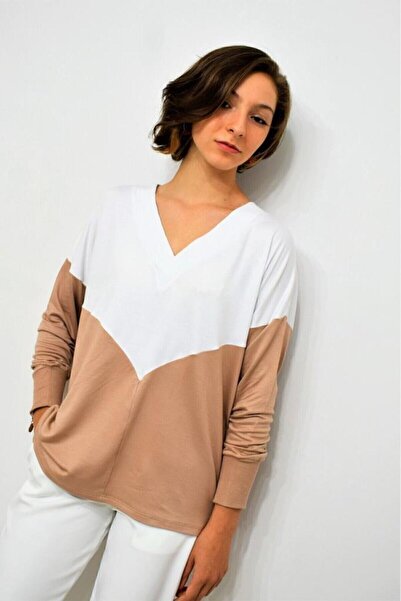 Pasaklı Giyim Women's V-Neck Color Block Soft Textured Comfortable 3-Thread Combed Cotton Blouse