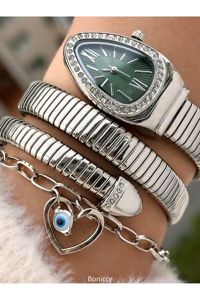 Bonicce Heart Bracelet with Green Dial and Snake Watch - Stones Silver Band