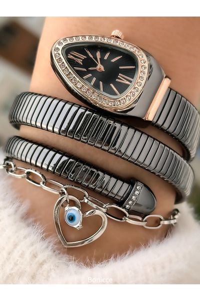 Bonicce Black Rhinestone Fine Cordon - Dial, Snake Watch, and Heart Bracelet