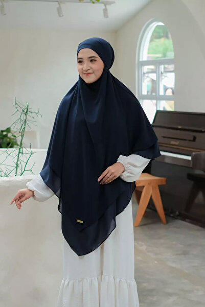 Hasna Tesettür Peçeli Uzun Şifon Sufle Premium Khimar Lacivert