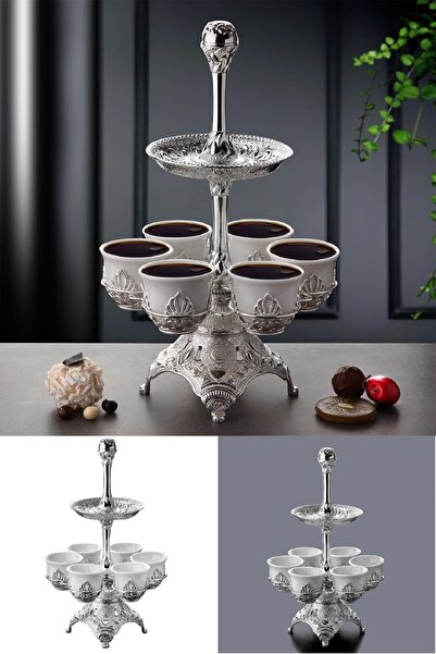 BİTERSE Otantik Lüks 6 Kişilik 2 Katlı Mırra Kahvesi Sunum Standı Gümüş Renk