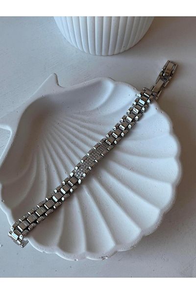 Modadiro Xp Rlx. Silver Steel Bracelet with Stone Imprint