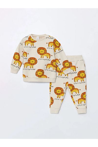 LC Waikiki Lcw Baby Beige Baby Boy Sweatshirt and Sweatpants - Crew Neck, Printed Set of 2