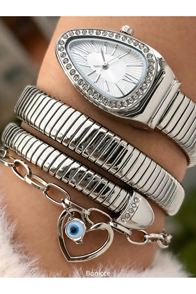 Bonicce Kutusunda Kalından İnceye Doğru Taşlı Gümüş Kordon, Beyaz Kadran, Yılan Saat+Kalpli Bileklik