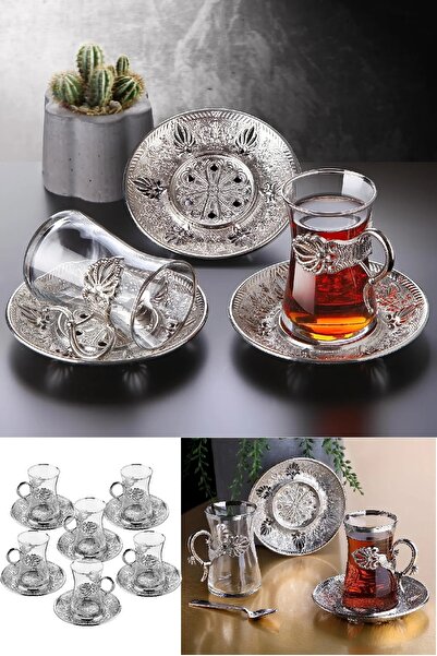 BİTERSE 6 Kişilik Lüks 18 Parça Sefa Çay Seti Otantik Çay Bardağı Takımı Gümü...