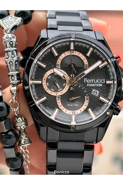 Ferrucci Black Color Steel Band Functional Men's Wrist Watch and Rosary - Bracelet