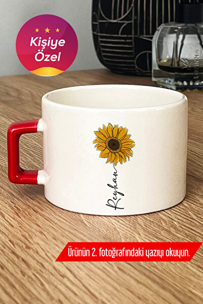 Hedizu Kişiye Özel Ayçiçek ve İsim Yazılı Lüks Fincan Kırmızı  Çiçek Desenli ...