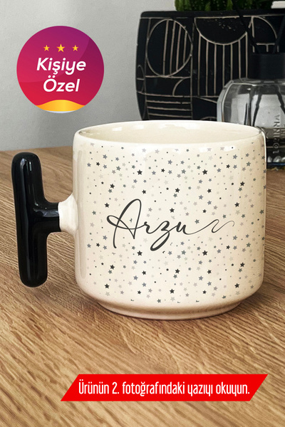 Hedizu Kişiye Özel Yıldız Desenli İsimli Kupa Bardak T Kulplu Siyah Doğum Gün...