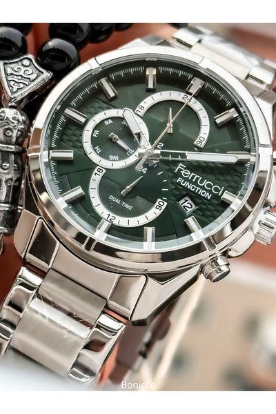 Ferrucci Functions Active, Silver Color Steel Band, Green Dial Men's Wrist Watch+ Rosary Bracelet