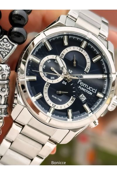 Ferrucci Functions Active, Silver Color Steel Band, Navy Blue Dial Men's Wrist Watch+ Rosary Bracelet